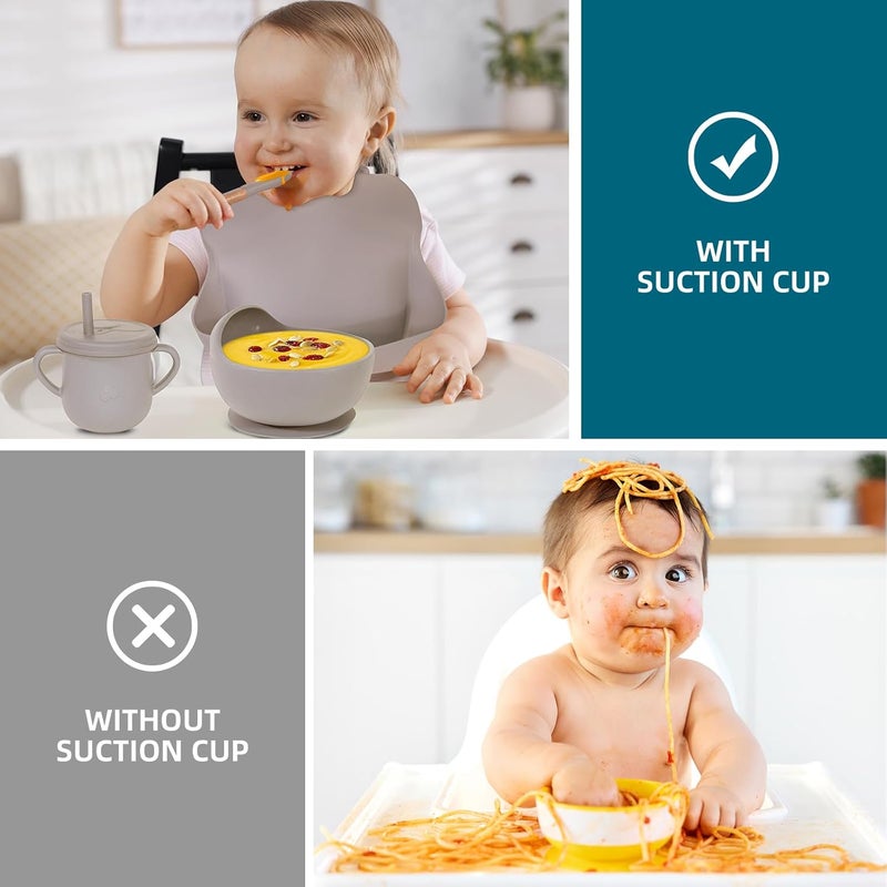 Dormlony 100% Silicone Baby Feeding Set, BPA Free, 9 Pcs: Suction Bowl, Divided Plate, Toddler Self Feeding Dish Set with Spoons, Forks, Sippy Cup, Bib, Beige - Image 4